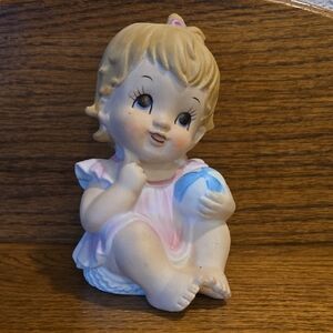 Lefton Girl with Ball Figurine Pink & Blue Made In Japan Vintage